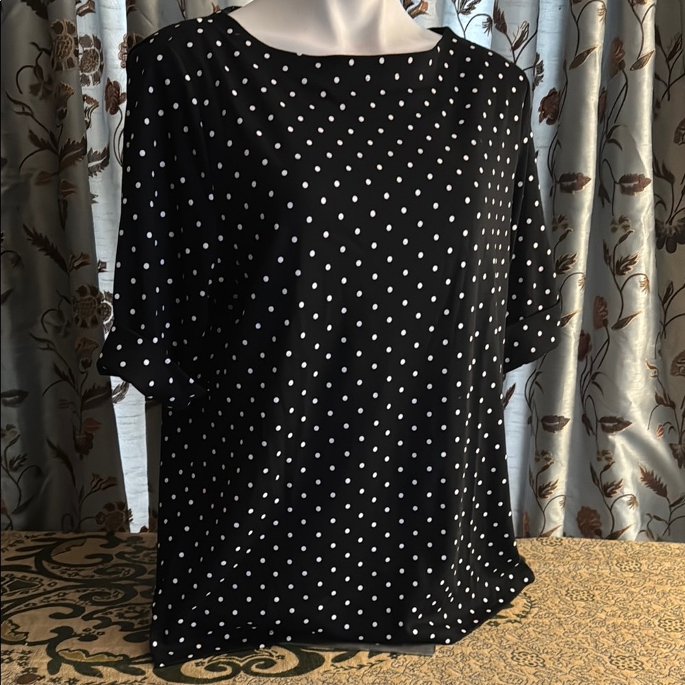 Style & Co. Black and White Polka Dot Blouse 3/4 Sleeve Boxy Fit